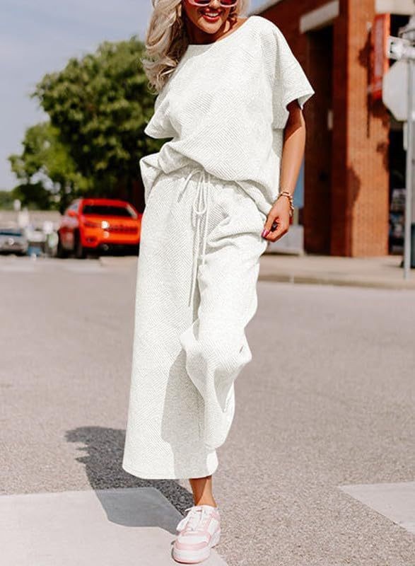 Solid Color Casual Two-Piece Set – Textured Top & Trousers for Women