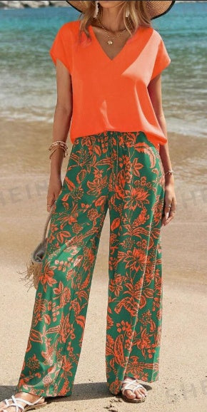 Women’s V-Neck Short Sleeve Top & Botanical Print Pants Set – Effortless Summer Style