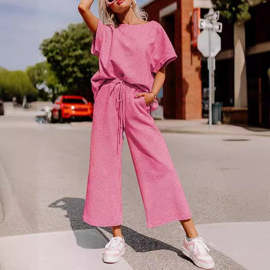 Solid Color Casual Two-Piece Set – Textured Top & Trousers for Women