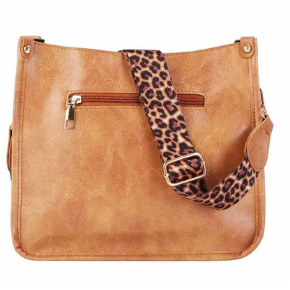 Tan faux leather everyday bag with leopard print adjustable strap and front zip pocket casual shoulder purse for women