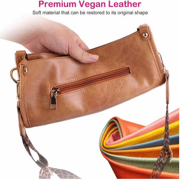 Holy Mango Store tan vegan leather casual shoulder purse for women with front zip pocket and leopard strap