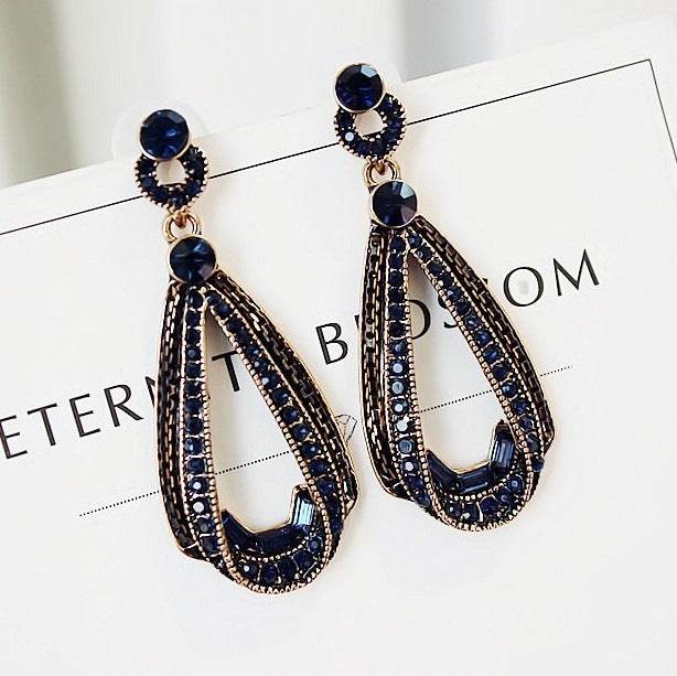 Holy Mango Store retro rhinestone drop earrings navy blue teardrop gold tone vintage inspired dangle