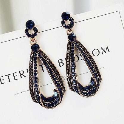 Holy Mango Store retro rhinestone drop earrings navy blue teardrop gold tone vintage inspired dangle