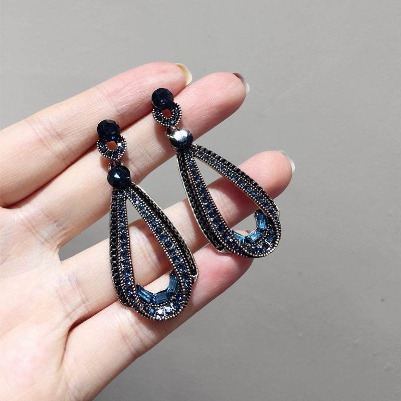 Holy Mango Store retro rhinestone drop earrings black and blue teardrop dangle with sparkling stones