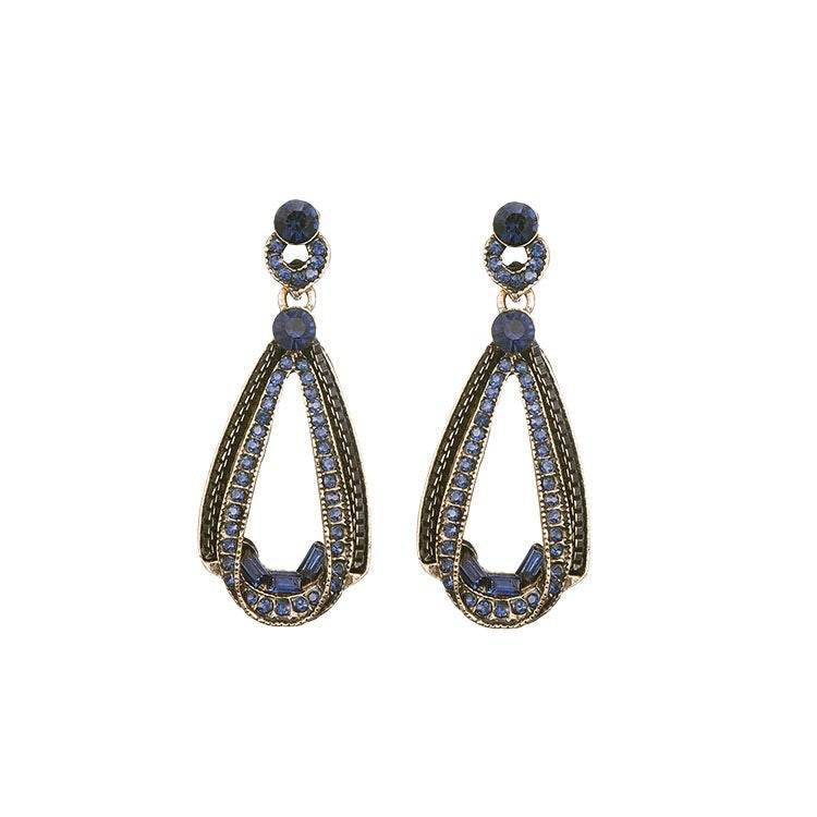 Holy Mango Store retro rhinestone drop earrings navy blue teardrop vintage gold tone for evening