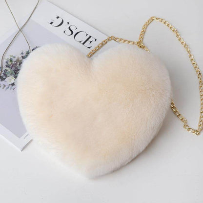 Cream heart shaped soft plush handbag for women with gold chain strap by Holy Mango Store