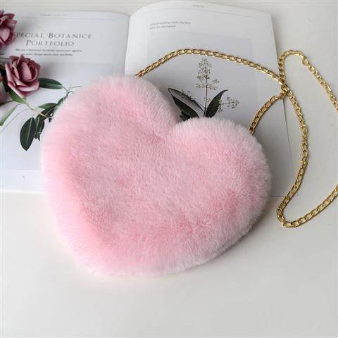 Holy Mango Store pink heart soft plush handbag for women with gold chain strap fluffy everyday bag