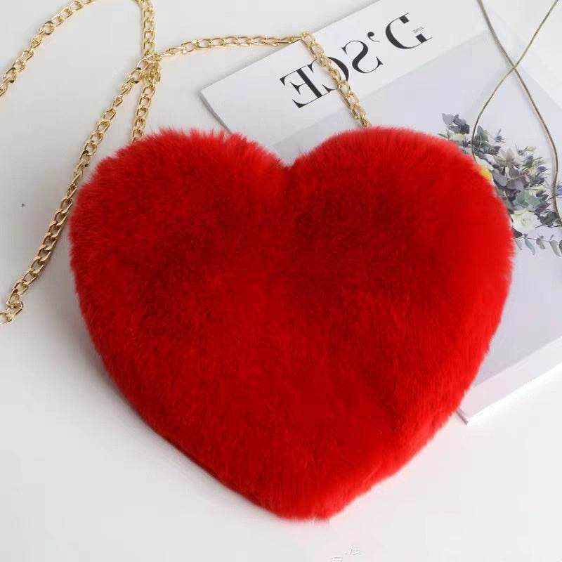Red heart shaped soft plush handbag for women with gold chain strap everyday bag from Holy Mango Store