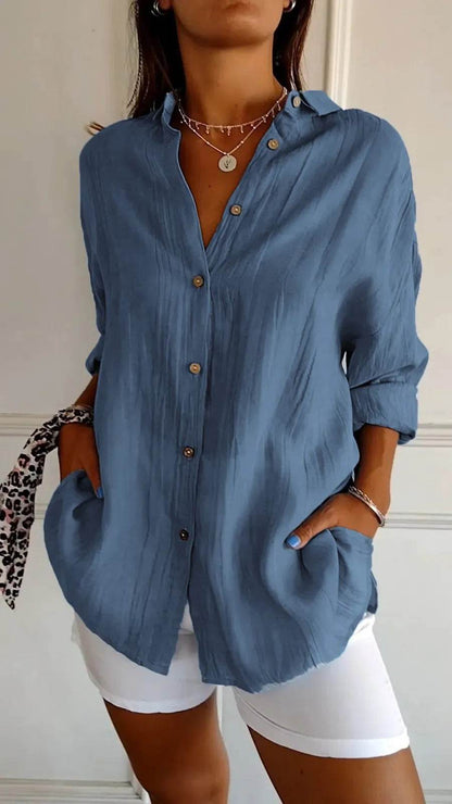 Lapel Long Sleeve Shirt Women's Single-breasted Pleated Shirt - Holy Mango Store
