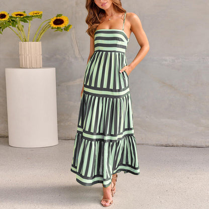 Striped Suspender Maxi Dress with Pockets