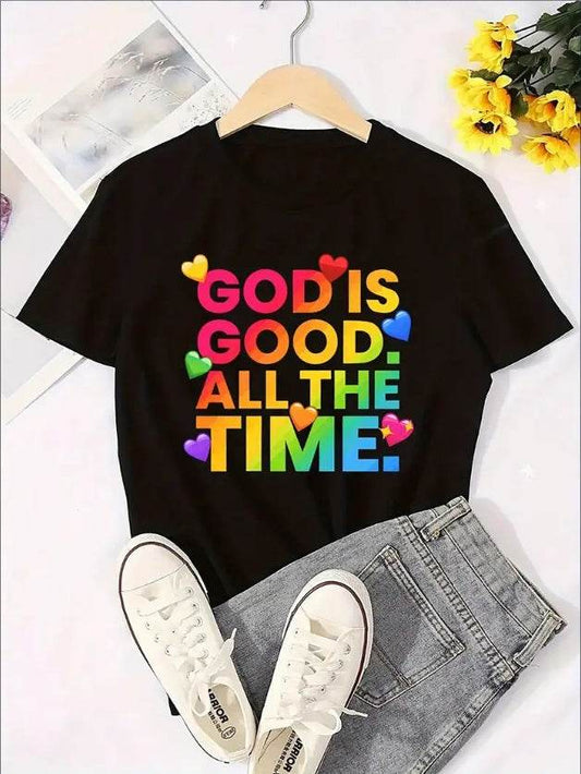Christian graphic tee from Holy Mango Store with colorful God is good all the time text and heart designs
