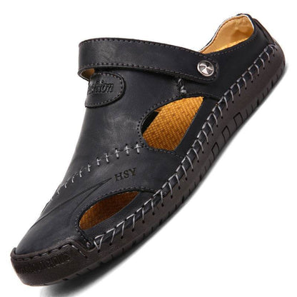 Holy Mango Store breathable leather sandals men in black with stitched detailing and adjustable strap