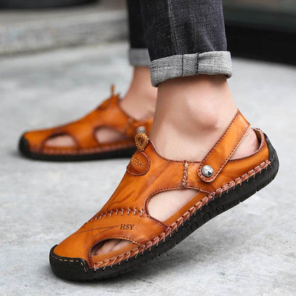 Breathable leather sandals men in brown with black soles from Holy Mango Store men's collection