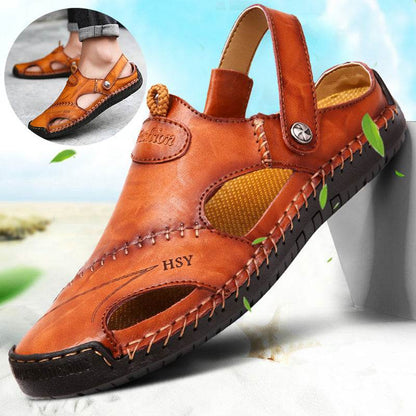 Breathable leather sandals men in brown with adjustable strap and stitched sole from Holy Mango Store