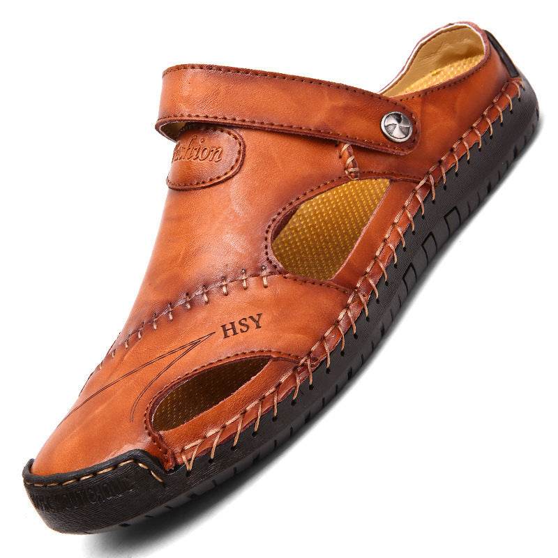 Holy Mango Store breathable leather sandals men in brown with adjustable strap and stitched sole