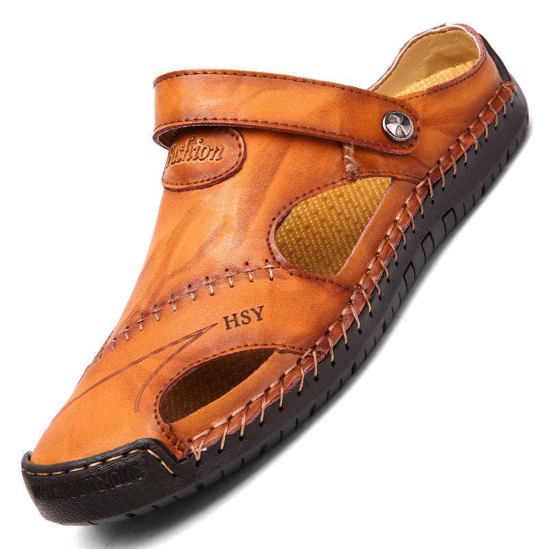 Breathable leather sandals men in brown with stitched detailing and adjustable strap