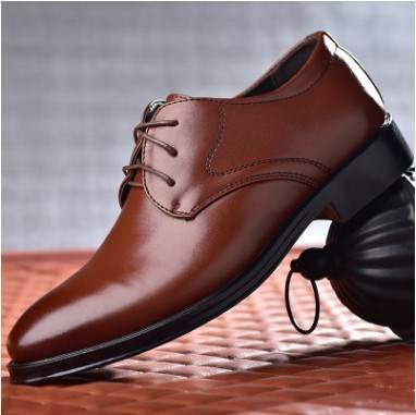Brown leather men's formal pointed toe shoes with lace-up design from Holy Mango Store