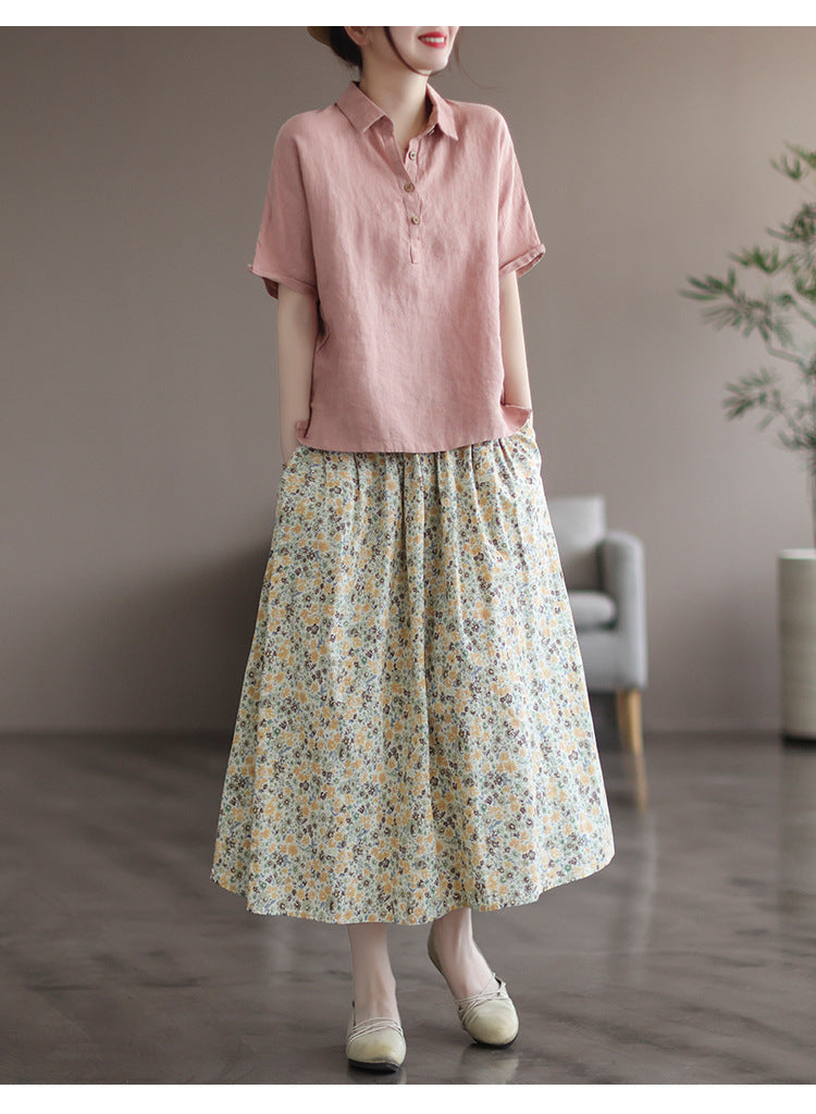 Women’s Floral Cotton Midi Skirt – Artistic Print A-Line