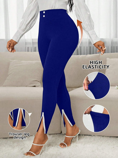 Women's Contrast Trim Split Hem High Waist Pants