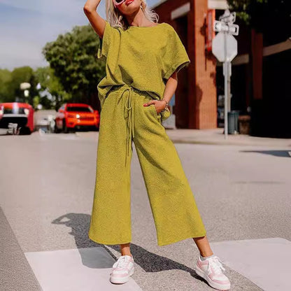 Solid Color Casual Two-Piece Set – Textured Top & Trousers for Women