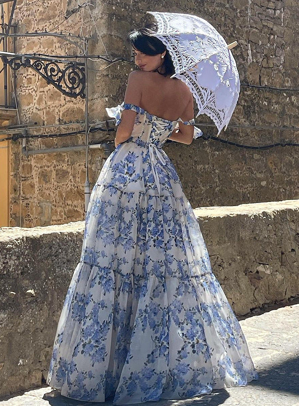 Floral Off‑Shoulder Lace‑Up Organza Swing Dress