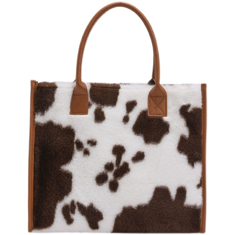 Korean Plush Handbag – Large Capacity Leopard Print Commuter Tote