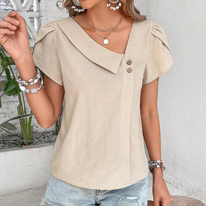 Womens Dressy Casual Petal Sleeve Asymmetrical V Neck Work Shirts Blouse Tops