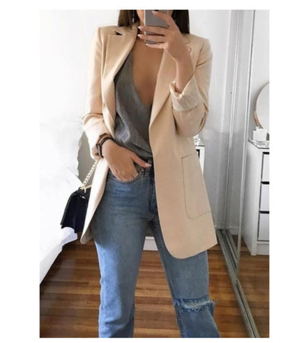 Women's Lapel Cardigan Blazer – Slim Fit Mid-Length Coat