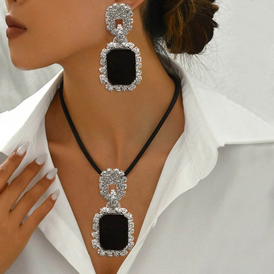 Elegant 14K Gold Plated Black Onyx Statement Jewelry Set - Necklace And Earrings - Holy Mango Store
