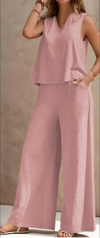 Solid Color Casual Set – V-Neck Tank & Wide Leg Pants with Pockets