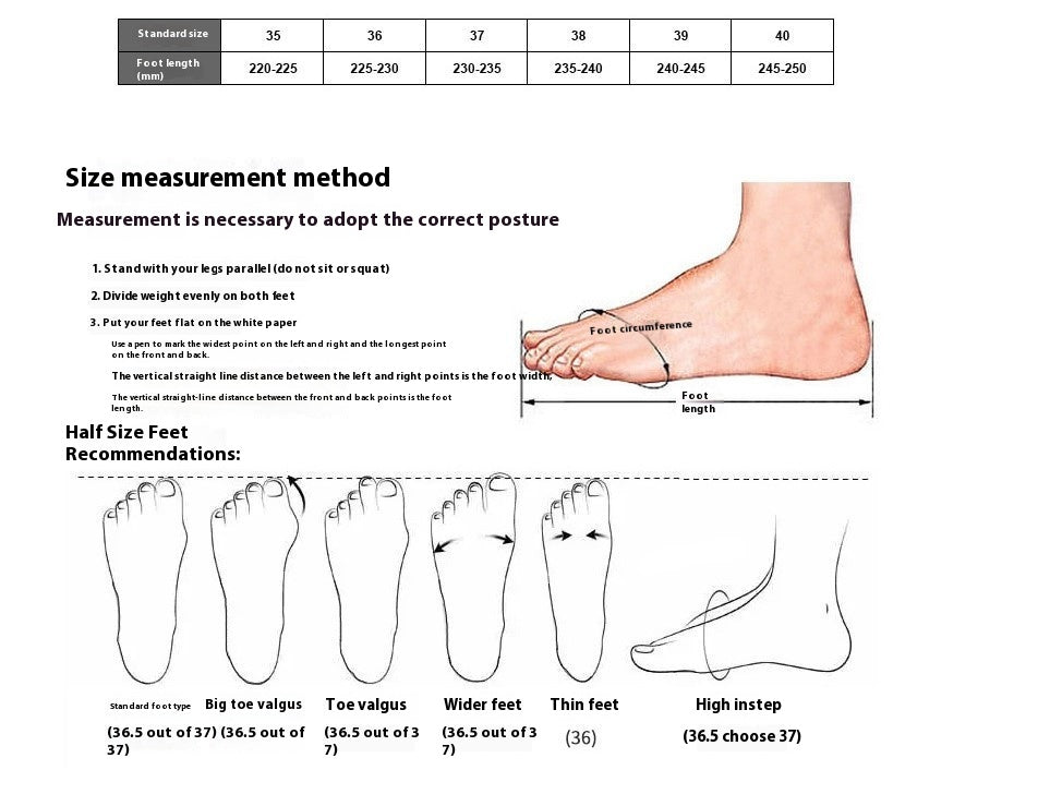 Size measurement guide for casual slip-on shoes for women showing foot length and foot type recommendations