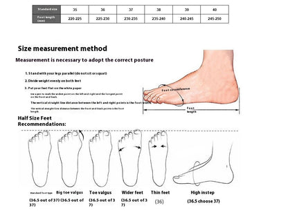 Size measurement guide for casual slip-on shoes for women showing foot length and foot type recommendations