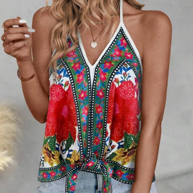 Boho Floral Tie-Front Halter Tank Top