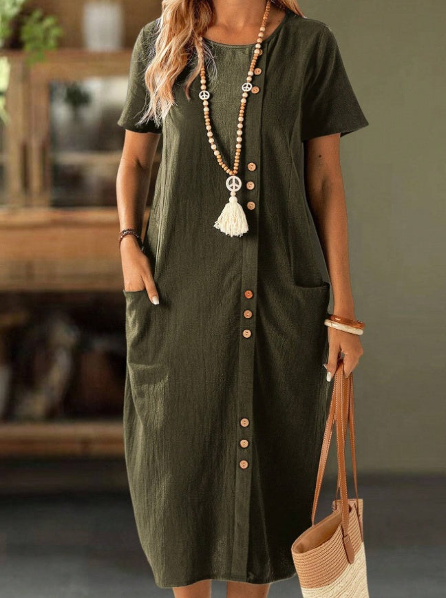 Button Front Pocket Casual Midi Dress
