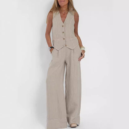 Conjunto de chaleco de verano para mujer: top sin mangas con cuello en V y pantalón holgado