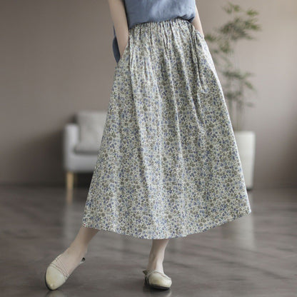 Women’s Floral Cotton Midi Skirt – Artistic Print A-Line