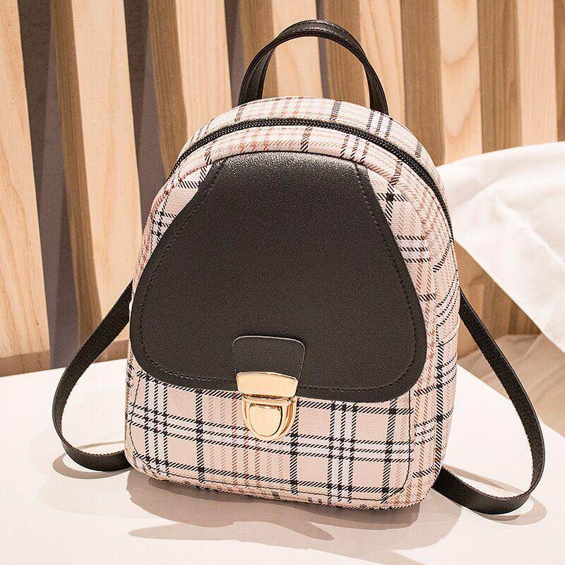 Holy Mango Store beige plaid trendy small backpack with coin purse black flap gold clasp adjustable straps