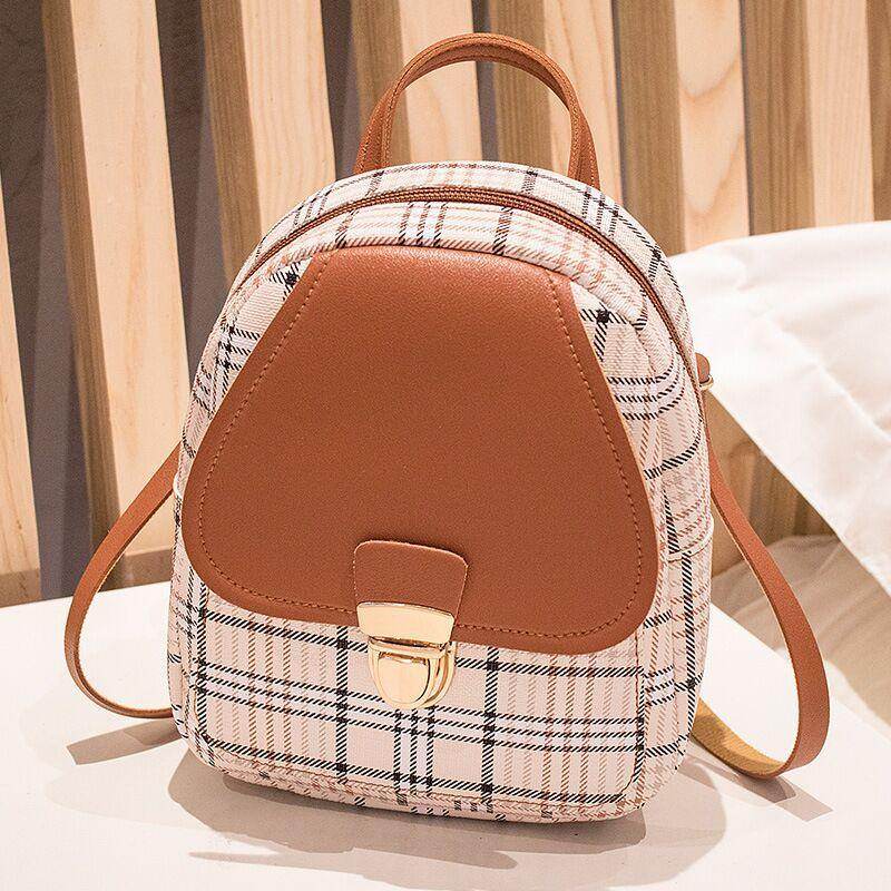 Holy Mango Store plaid mini backpack with brown faux leather flap and gold clasp trendy small backpack with coin purse
