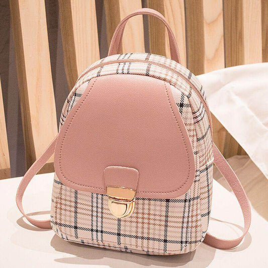 Holy Mango Store trendy small backpack with coin purse pink plaid faux leather flap and gold clasp adjustable straps
