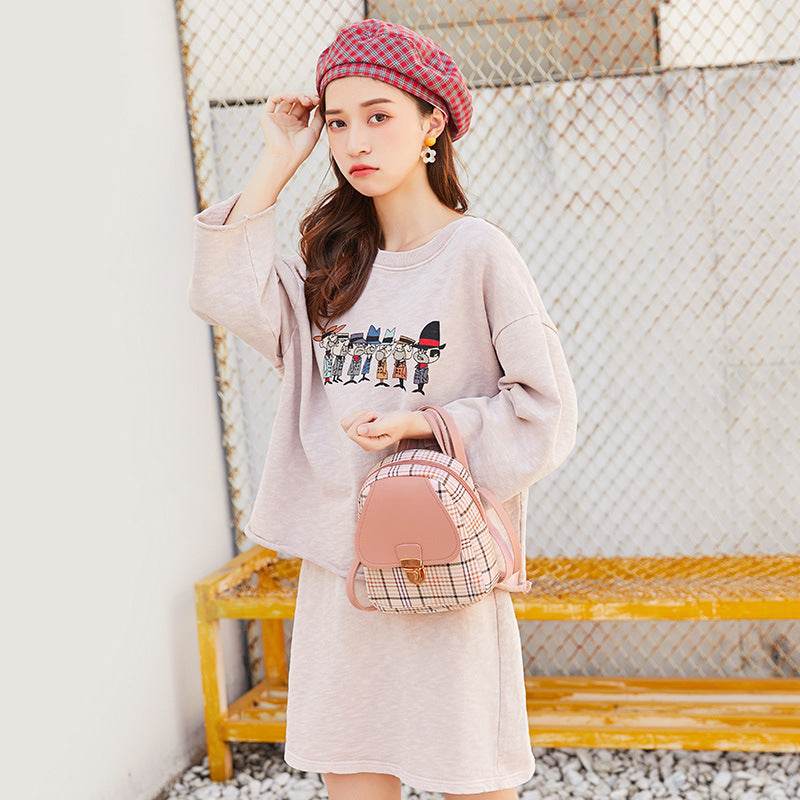 Holy Mango Store model carrying trendy small backpack with coin purse pink plaid mini backpack and beret