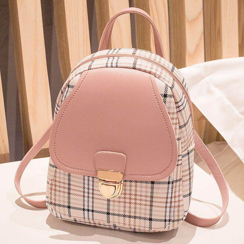 Holy Mango Store pink plaid mini backpack with faux leather flap and gold clasp trendy small backpack with coin purse