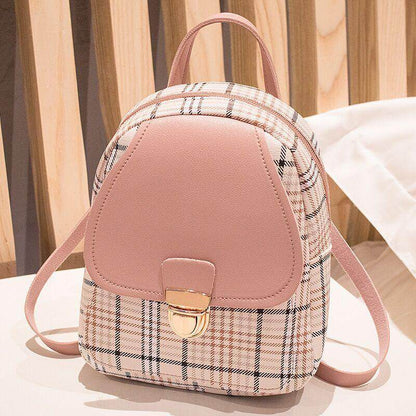 Holy Mango Store pink plaid mini backpack with faux leather flap and gold clasp trendy small backpack with coin purse
