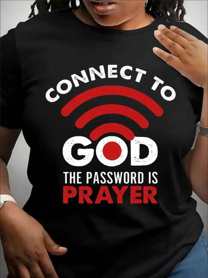 Black Christian graphic tee for women with Connect to God prayer wifi design