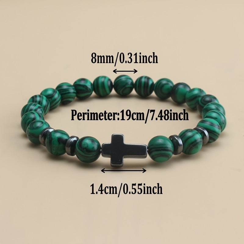 Christian malachite bracelet with green beads and black cross from Holy Mango Store with size details