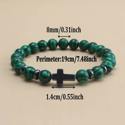Christian malachite bracelet with green beads and black cross from Holy Mango Store with size details