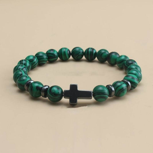 Christian malachite bracelet with green beads and black cross centerpiece from Holy Mango Store