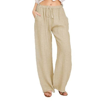 Holy Mango Store women's cotton linen yoga pants beige drawstring elastic waist wide leg casual lounge wear