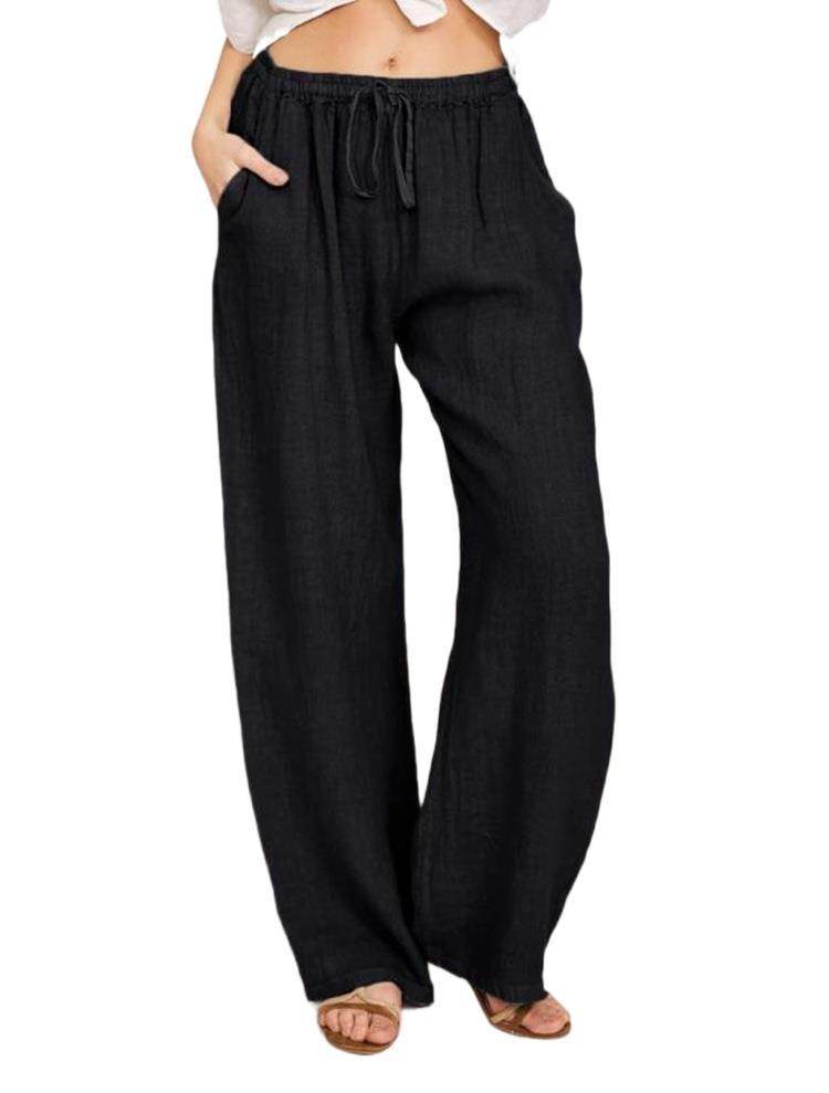 Holy Mango Store women's cotton linen yoga pants black wide leg drawstring pants with pockets