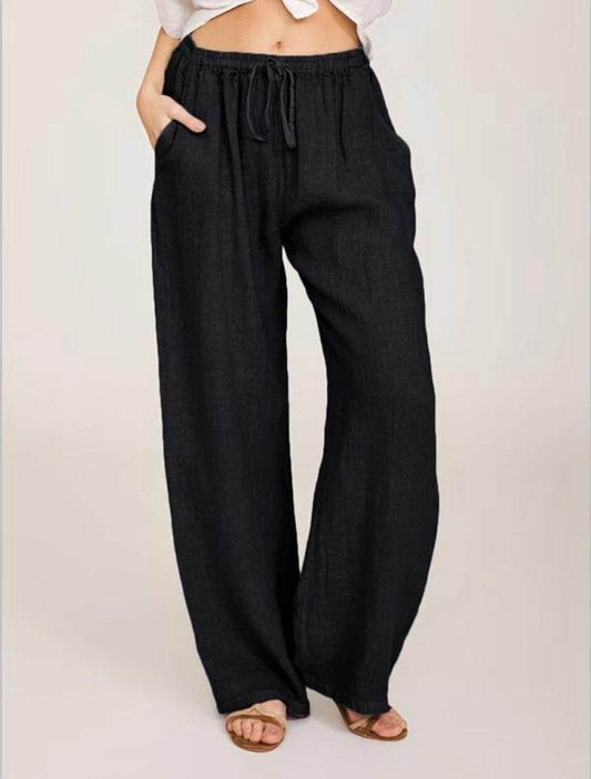 Black wide leg women's cotton linen yoga pants with drawstring waist and side pockets for casual wear