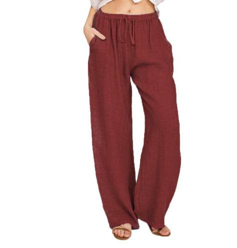 Holy Mango Store women's cotton linen yoga pants maroon wide leg drawstring waist with pockets